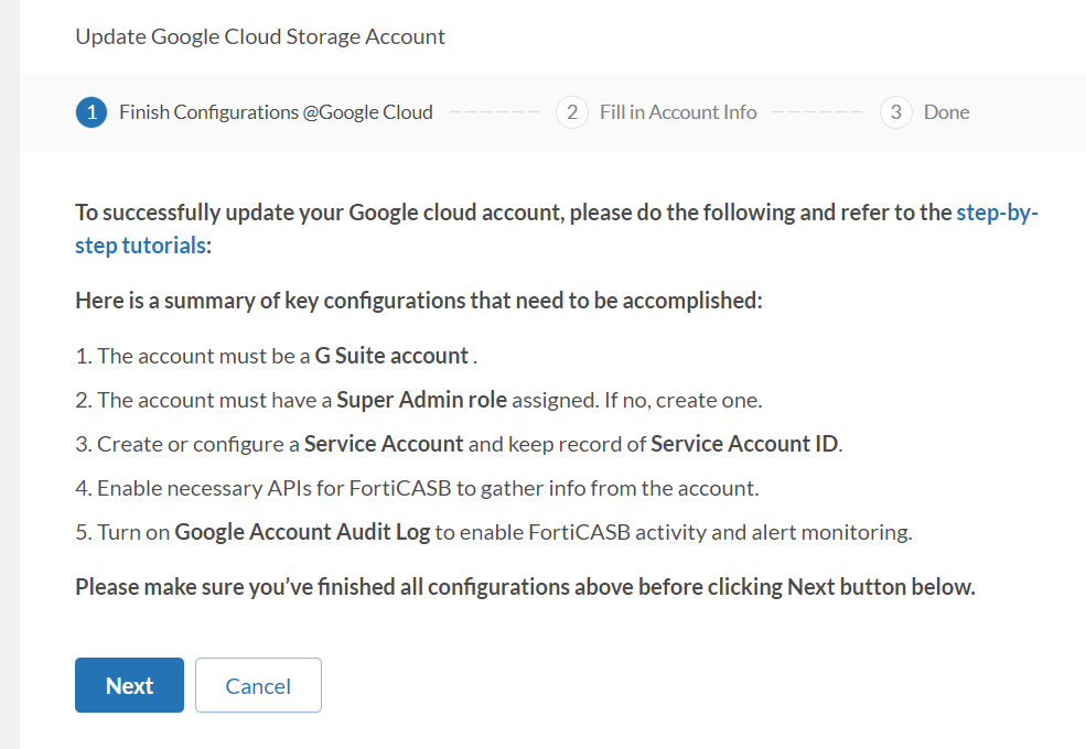 Update Google Cloud Storage Account FortiCASB 23.3.a